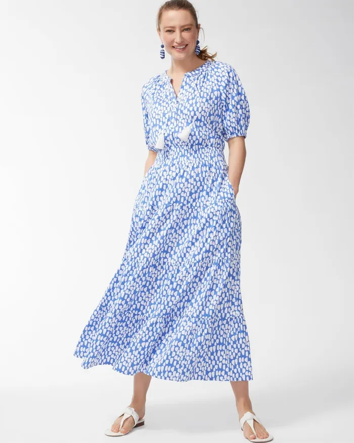 Chico039s Tiered Smock Waist Maxi Dress Amparo Blue Women Dresses and Skirts