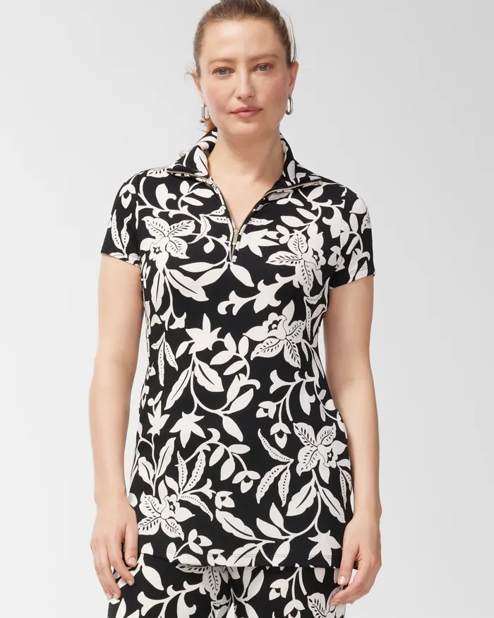 Chico039s Travelers Floral Print Zip Front Top BlackWhite Women Matching Sets