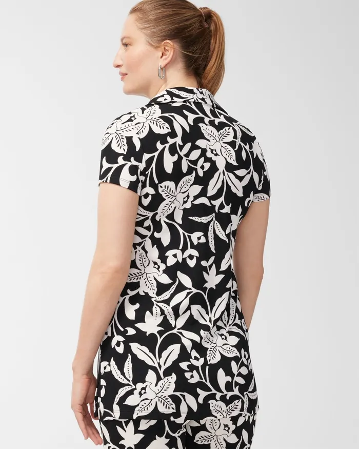Chico039s Travelers Floral Print Zip Front Top BlackWhite Women Matching Sets