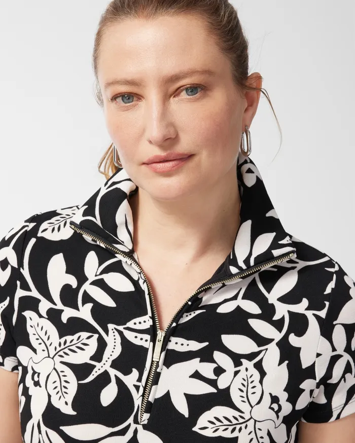 Chico039s Travelers Floral Print Zip Front Top BlackWhite Women Matching Sets