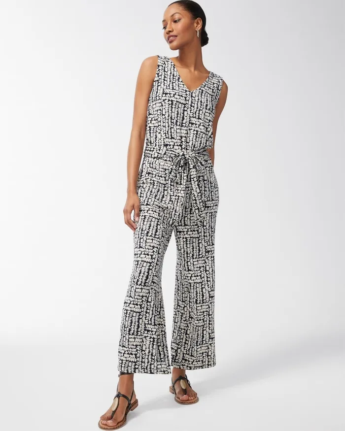 Chico039s Travelers Pebble Print Tie Waist Jumpsuit River Rock Women Dresses and Skirts