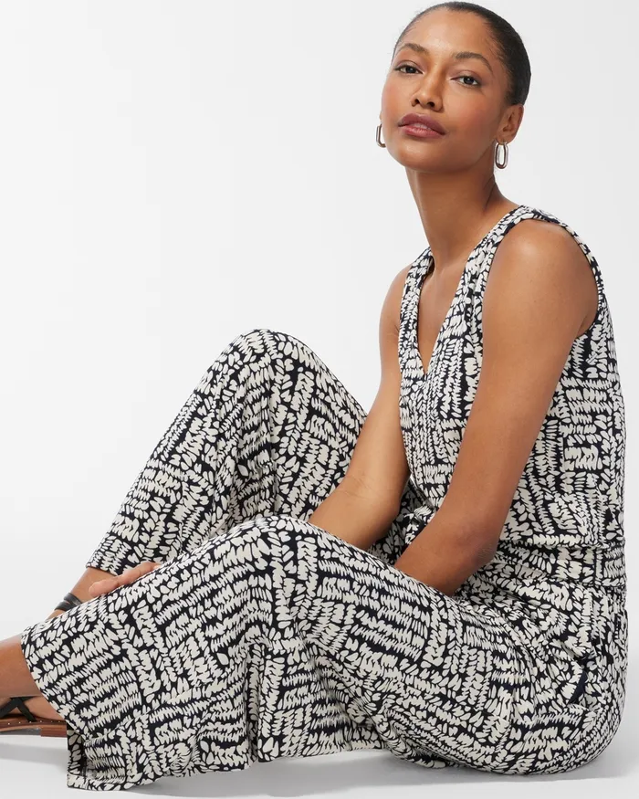 Chico039s Travelers Pebble Print Tie Waist Jumpsuit River Rock Women Dresses and Skirts