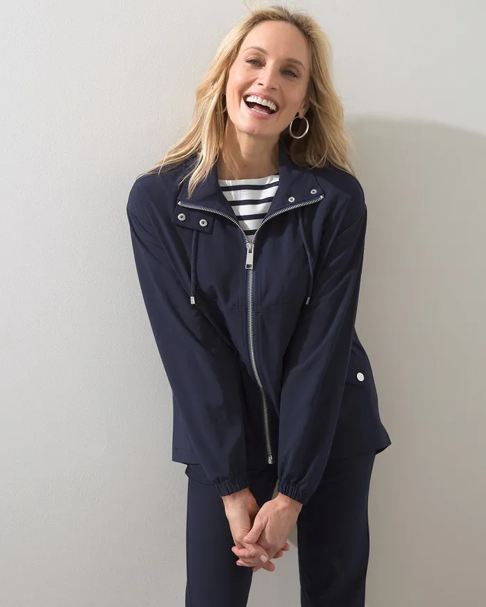 Chico039s Zenergy HighLow UPF Hooded Jacket Classic Navy Women Jackets and Coats