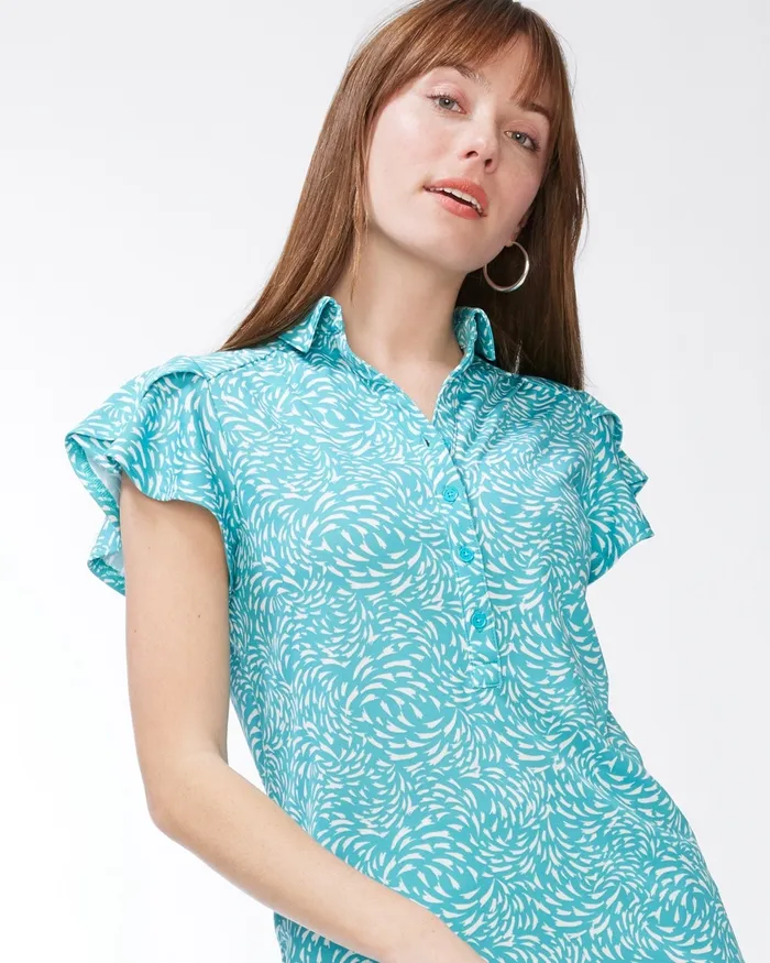 Chico039s Zenergy Mosaic Flutter Sleeve Top Agua Azul Women Activewear