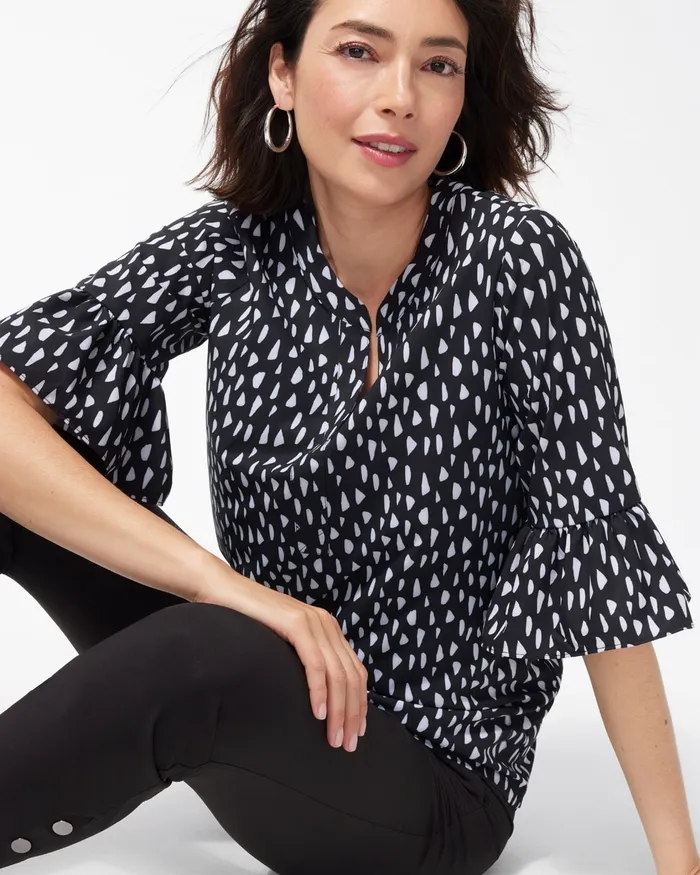 Chico039s Zenergy UPF Neema Pebble Ruffle Sleeve Top Black Women Activewear