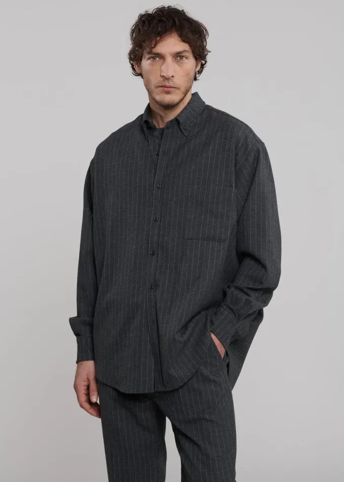 Clothing Men The Frankie Shop Mason Wool Button Up Shirt 8211 Dark GreyWhite Pinstripe