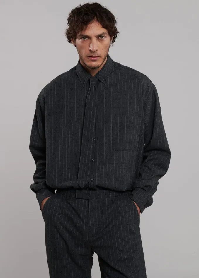 Clothing Men The Frankie Shop Mason Wool Button Up Shirt 8211 Dark GreyWhite Pinstripe
