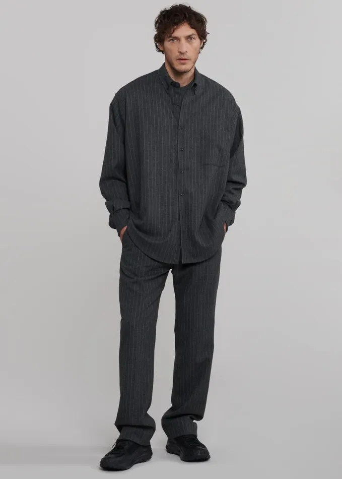 Clothing Men The Frankie Shop Mason Wool Button Up Shirt 8211 Dark GreyWhite Pinstripe