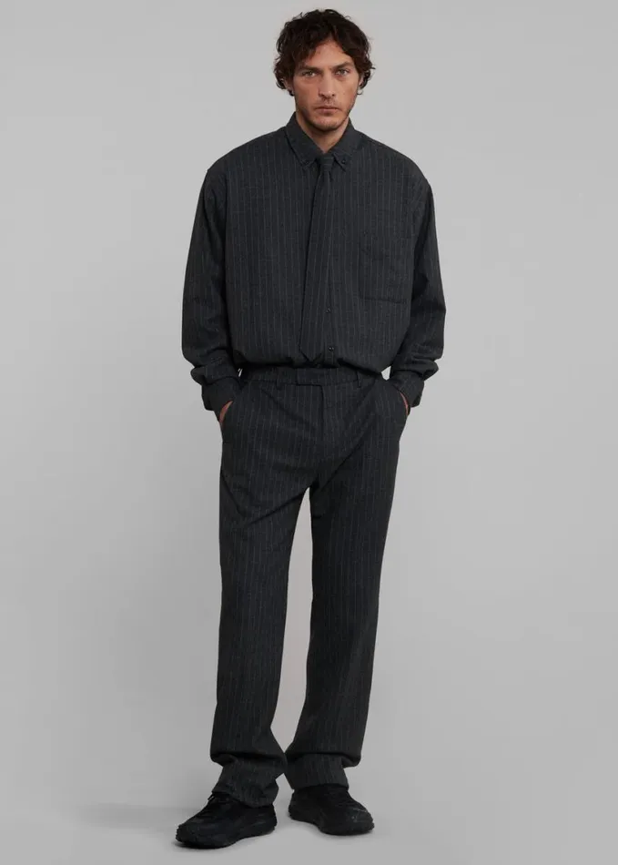 Clothing Men The Frankie Shop Mason Wool Button Up Shirt 8211 Dark GreyWhite Pinstripe