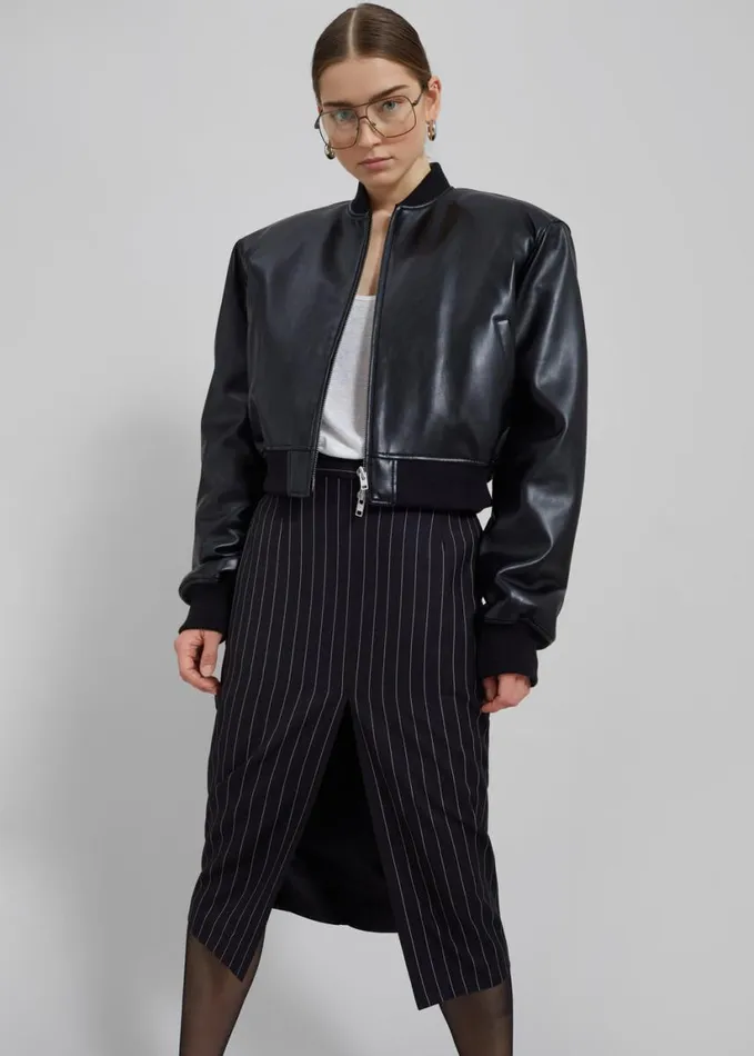 Clothing Women The Frankie Shop Holland Midi Slit Skirt 8211 BlackWhite Pinstripe