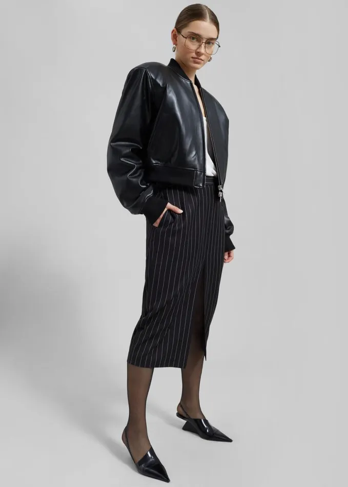 Clothing Women The Frankie Shop Holland Midi Slit Skirt 8211 BlackWhite Pinstripe