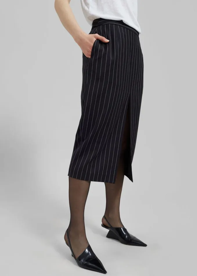 Clothing Women The Frankie Shop Holland Midi Slit Skirt 8211 BlackWhite Pinstripe