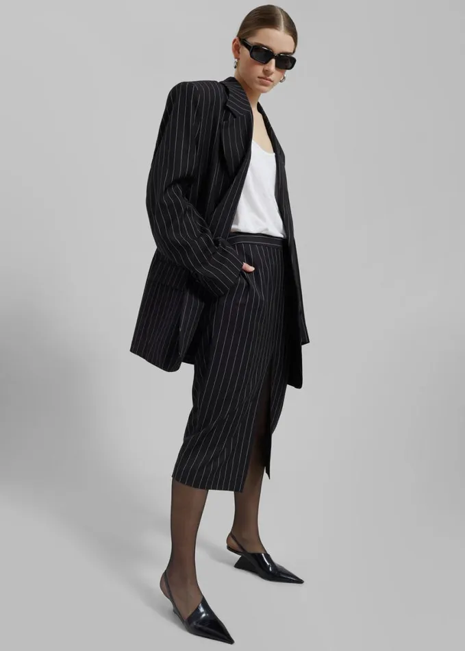 Clothing Women The Frankie Shop Holland Midi Slit Skirt 8211 BlackWhite Pinstripe