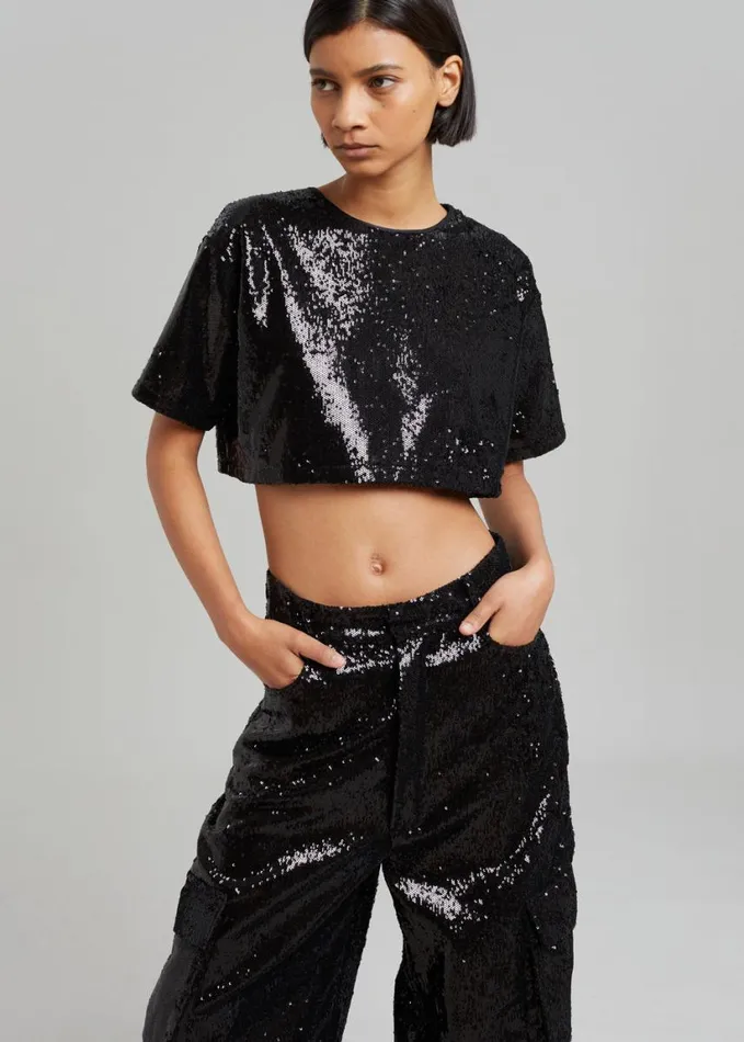 Clothing Women The Frankie Shop Jerry Cropped TShirt 8211 Black Sequins