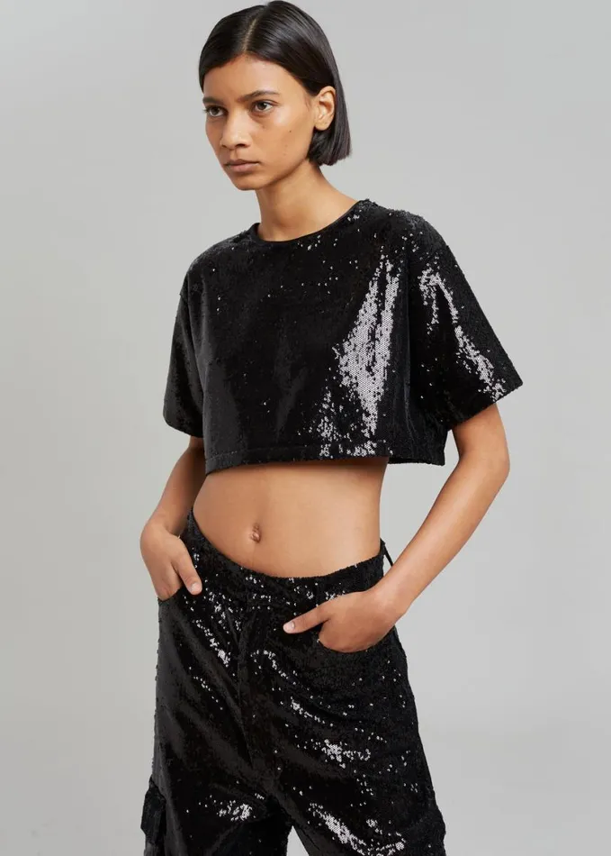 Clothing Women The Frankie Shop Jerry Cropped TShirt 8211 Black Sequins