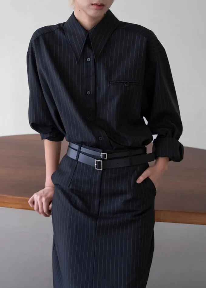 Clothing Women The Frankie Shop Kerry Button Up Shirt 8211 Black Pinstripe