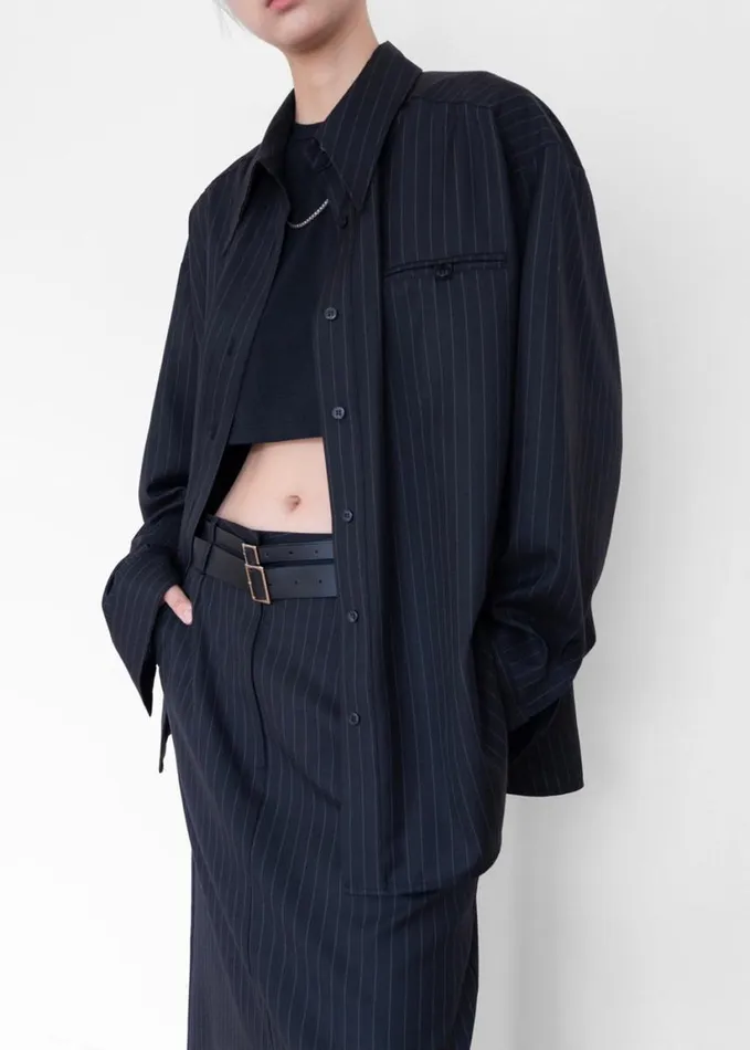 Clothing Women The Frankie Shop Kerry Button Up Shirt 8211 Black Pinstripe