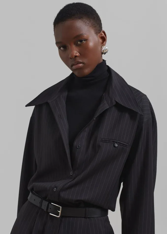 Clothing Women The Frankie Shop Kerry Button Up Shirt 8211 Black Pinstripe