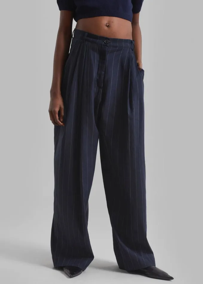 Clothing Women The Frankie Shop Piper Pleated Trousers 8211 NavyBeige Pinstripe