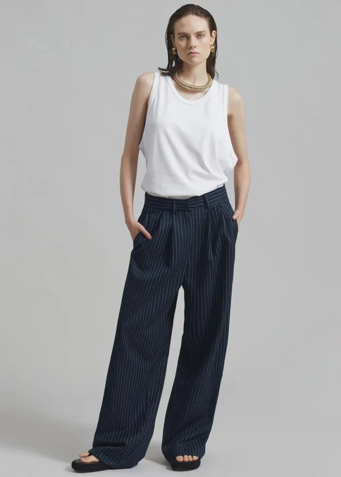Clothing Women The Frankie Shop Ripley Pleated Twill Trousers 8211 NavyWhite Pinstripe