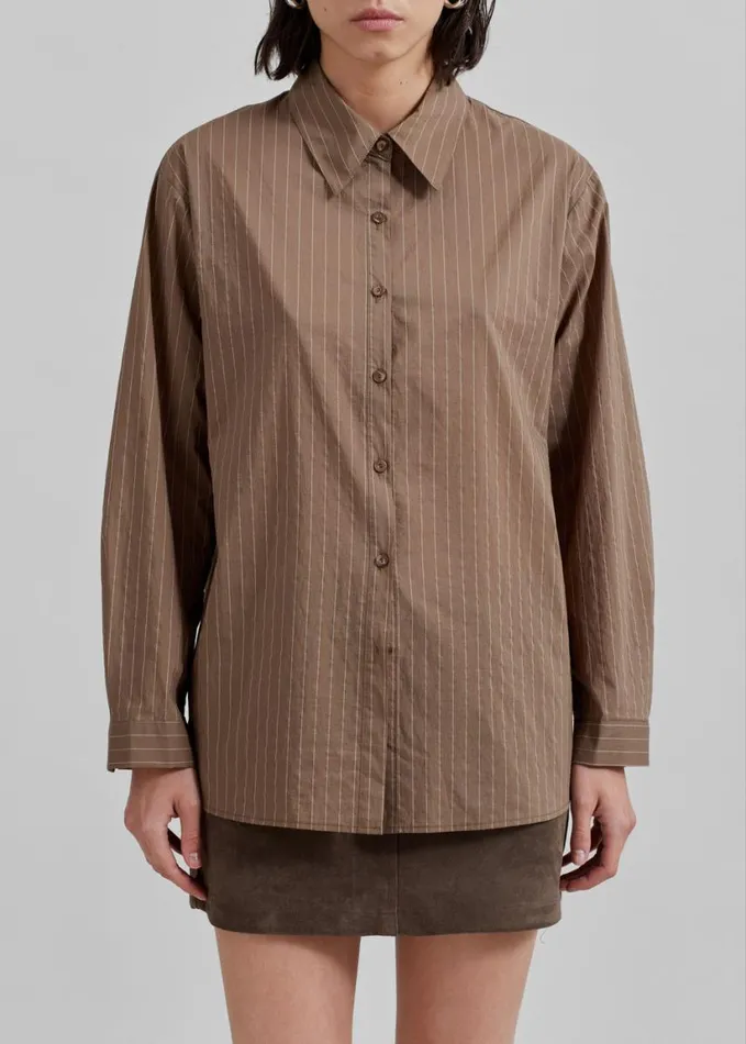 Clothing Women The Frankie Shop Tolu Shirt 8211 BrownWhite Pinstripe