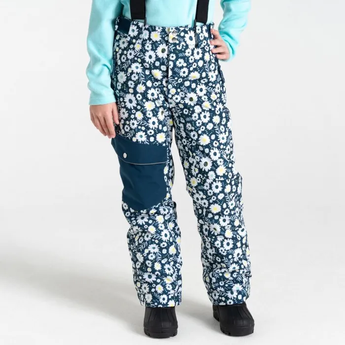 Dare 2b Pow Ski Pants Moonlight Denim Daisy Print Kids Ski Trousers and Salopettes