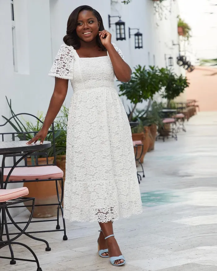 Draper James Short Sleeve Carrie Midi Dress In Lace Women Dresses