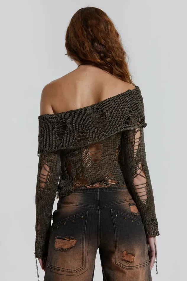 Esra Laddered Knit Off The Shoulder Top Khaki Women Jaded London Knitwear