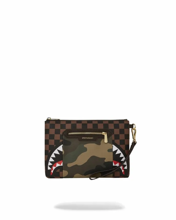 EXTERIOR GOLD ZIP POCKET SHARKS IN PARIS CROSSOVER CLUTCH Bags SPRAYGROUND