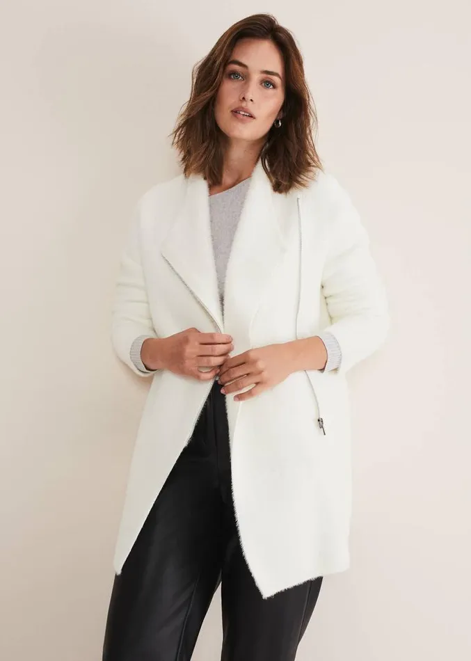 Fia Fluffy Zip Knit Coat Winter White Women Phase Eight Knitwear