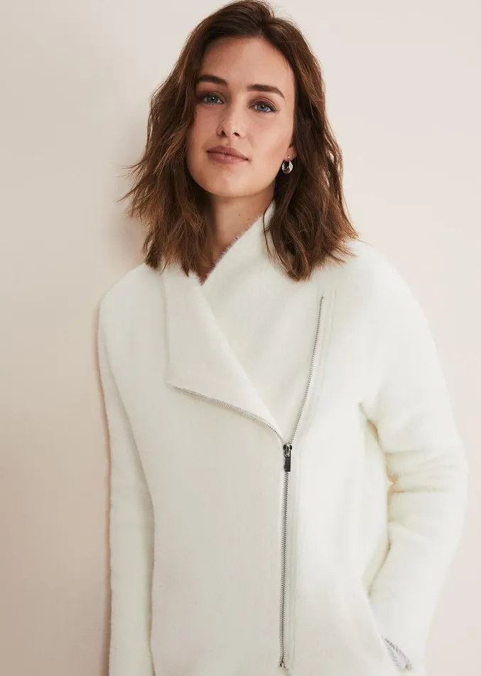 Fia Fluffy Zip Knit Coat Winter White Women Phase Eight Knitwear