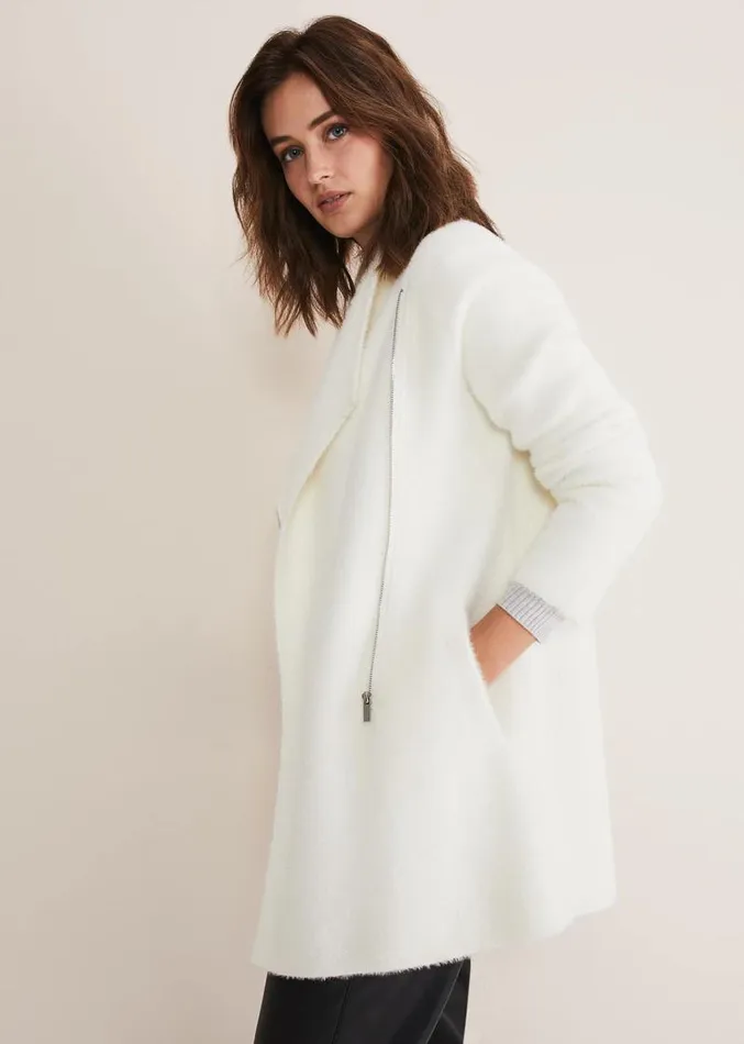 Fia Fluffy Zip Knit Coat Winter White Women Phase Eight Knitwear