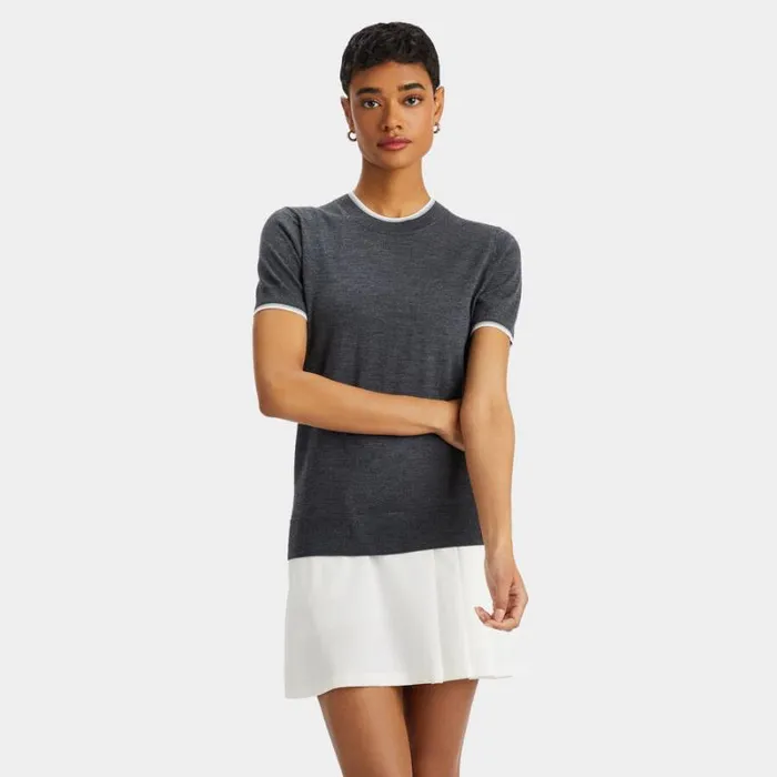 GFORE MERINO WOOL SHORT SLEEVE SWEATER Charcoal Heather Grey Women Sweaters