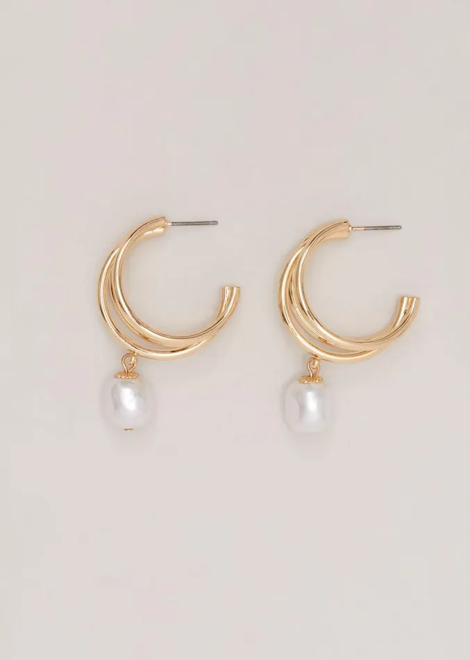 Gold Triple Hoop Pearl Drop Earrings Gold Women Phase Eight Jewellery
