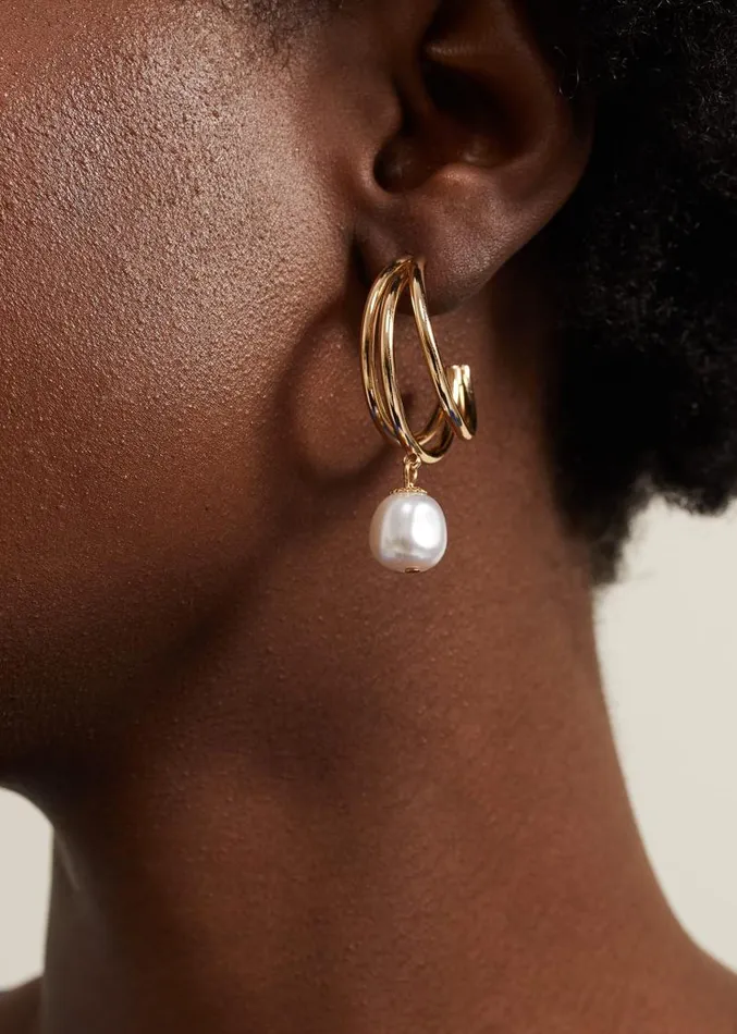 Gold Triple Hoop Pearl Drop Earrings Gold Women Phase Eight Jewellery