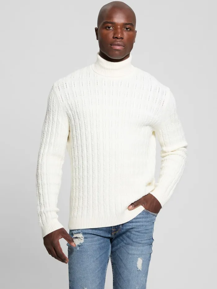 GUESS Featured Styles Eco Ezra Turtleneck CableKnit Sweater White 8211 Men