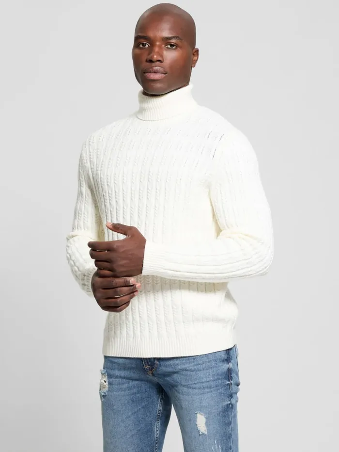 GUESS Featured Styles Eco Ezra Turtleneck CableKnit Sweater White 8211 Men