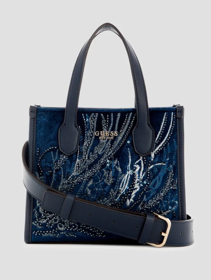 GUESS Handbags Silvana Velvet Mini Tote Blue 8211 Women