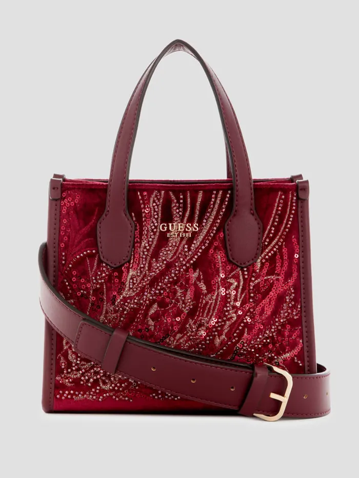 GUESS Handbags Silvana Velvet Mini Tote Blue 8211 Women