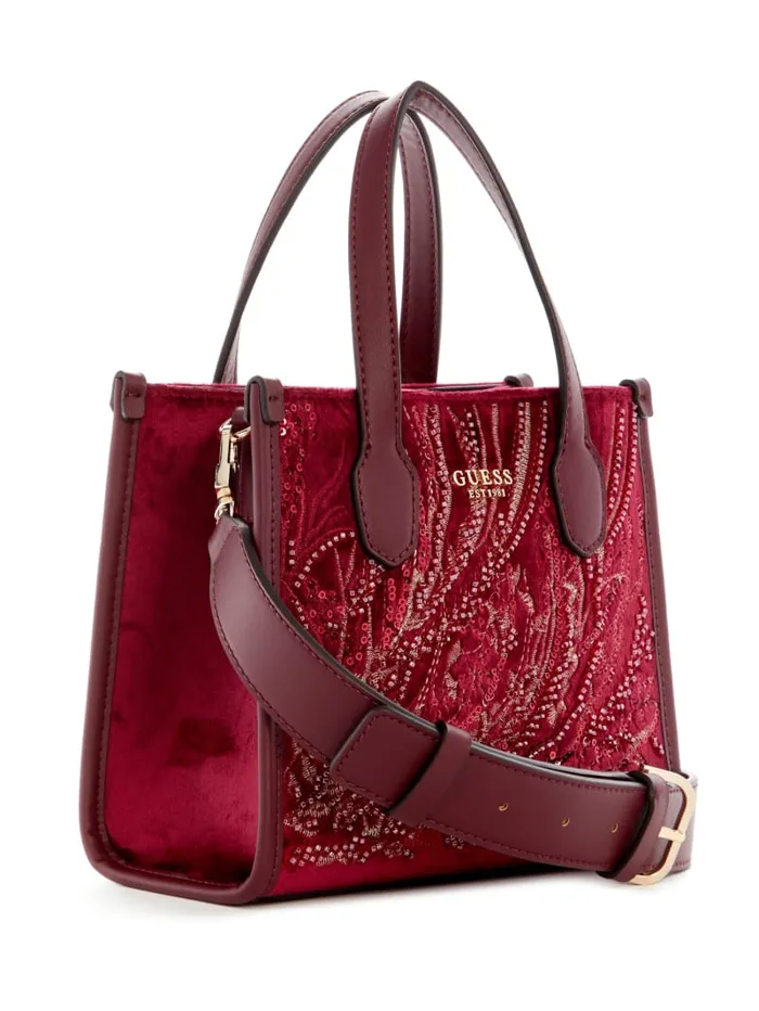 GUESS Handbags Silvana Velvet Mini Tote Blue 8211 Women