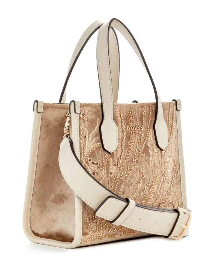 GUESS Handbags Silvana Velvet Mini Tote Blue 8211 Women