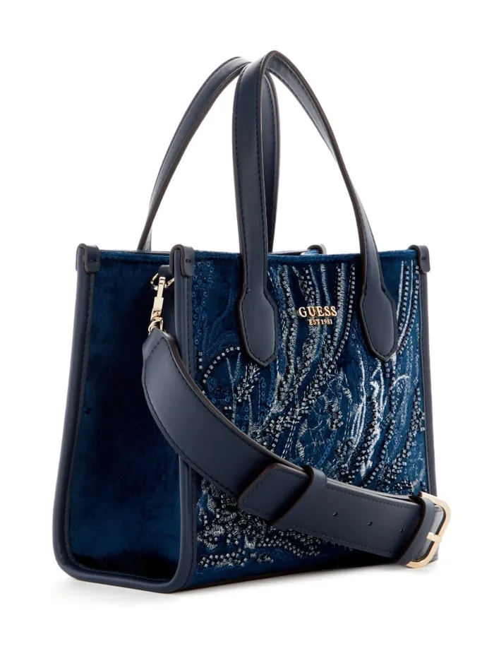 GUESS Handbags Silvana Velvet Mini Tote Blue 8211 Women