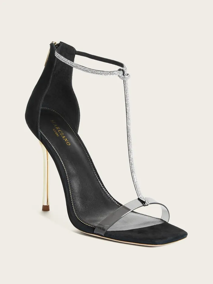 GUESS Heels Olivia TStrap Rhinestone Stiletto Black 8211 Unisex