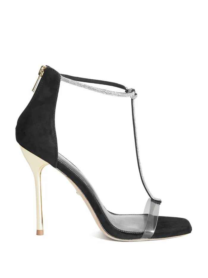 GUESS Heels Olivia TStrap Rhinestone Stiletto Black 8211 Unisex