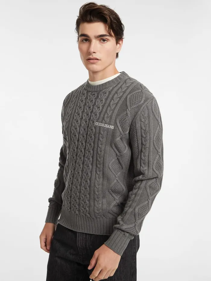 GUESS Hoodies and Sweaters CableKnit WoolBlend Sweater Gray 8211 Men