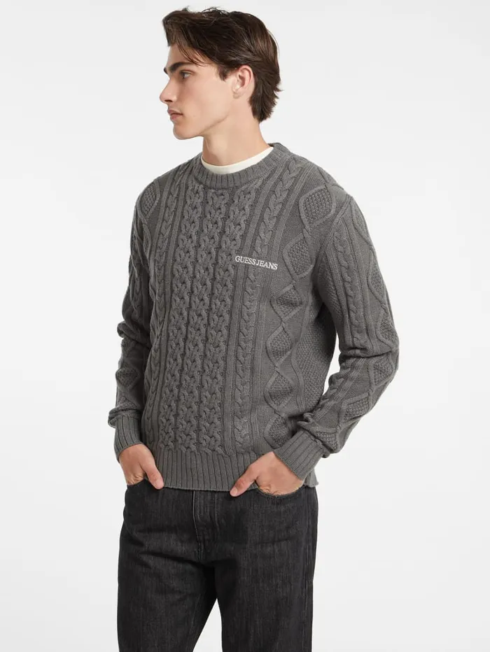 GUESS Hoodies and Sweaters CableKnit WoolBlend Sweater Gray 8211 Men