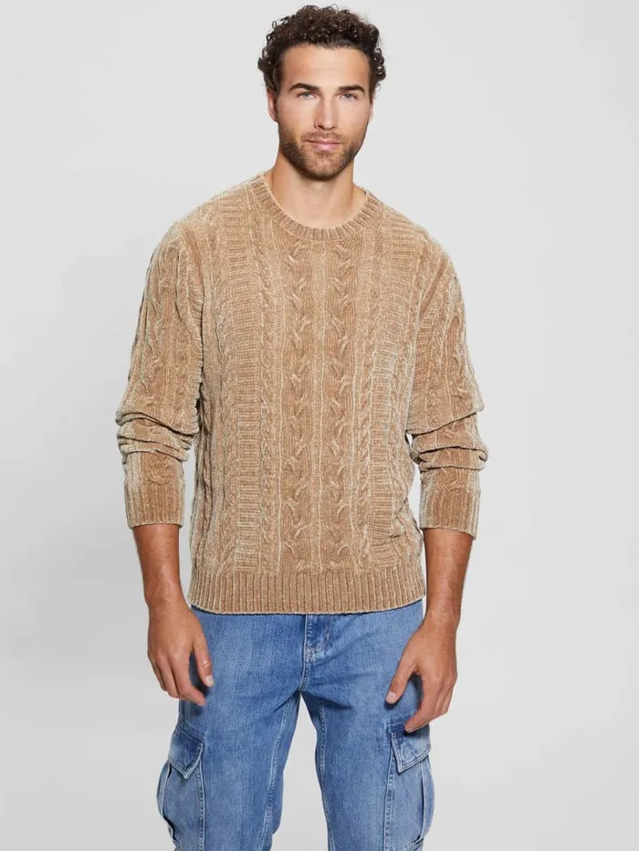GUESS Hoodies and Sweaters Eco Egidio CableKnit Chenille Sweater Beige 8211 Men