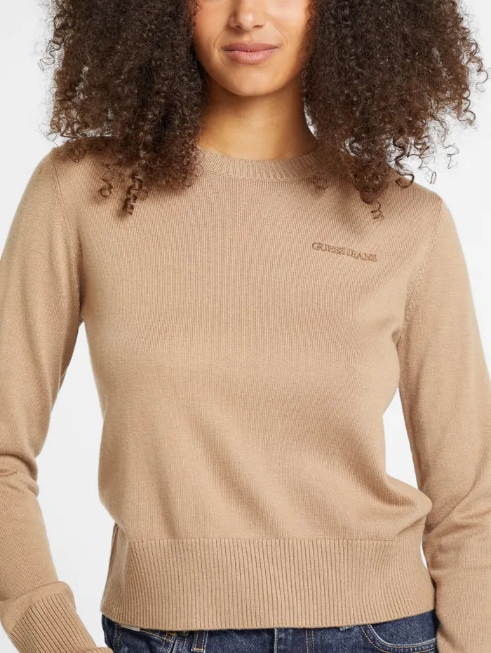GUESS Hoodies and Sweaters Silk And WoolBlend Crew Logo Sweater Beige 8211 Women