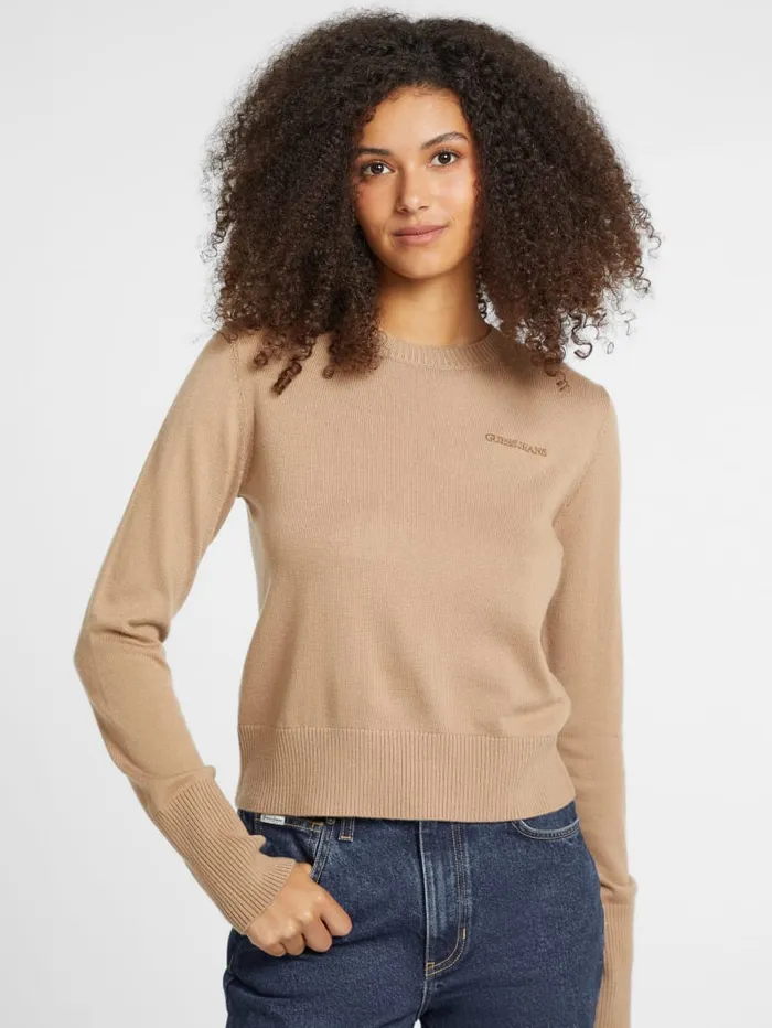 GUESS Hoodies and Sweaters Silk And WoolBlend Crew Logo Sweater Beige 8211 Women