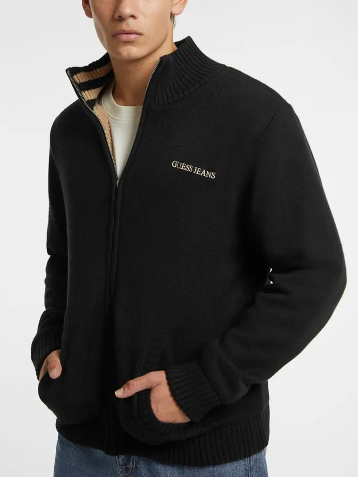 GUESS Hoodies and Sweaters WoolBlend Logo ZipUp Sweater Black 8211 Men
